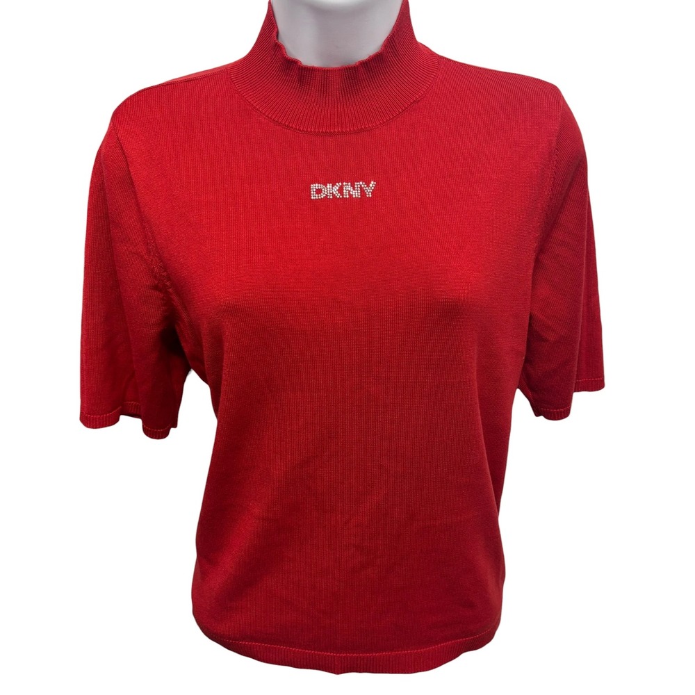 DKNY Jeans Womens Red Mock Neck Short Sleeve Rhinestone Logo Knit Top Size M